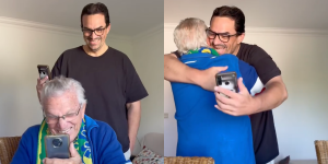 Fotografía de joven que sorprende a su padre,.